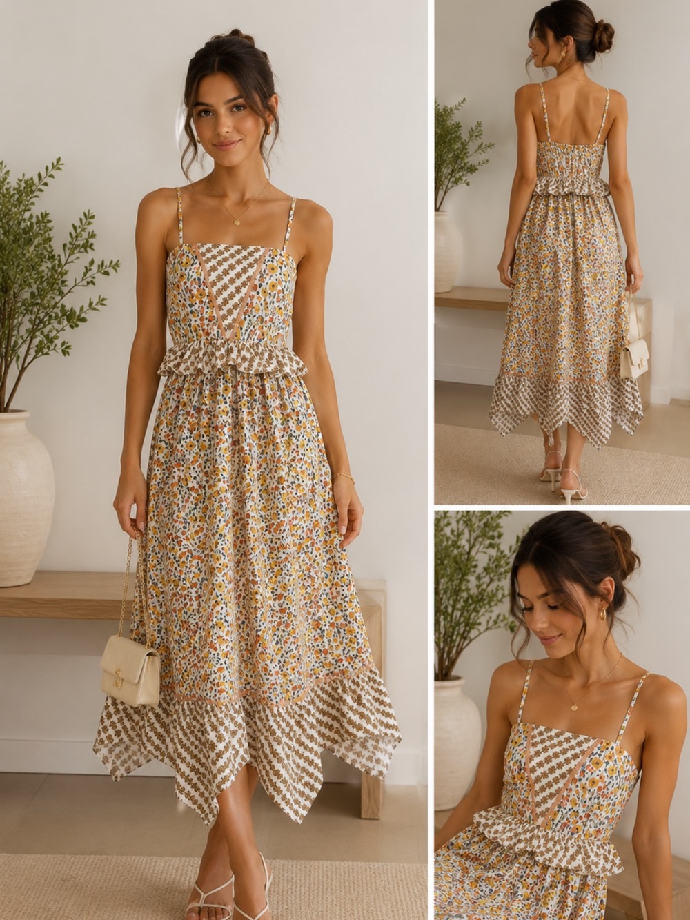Lost + Wander Cream Floral Midi Dress with Tan Gingham Trim